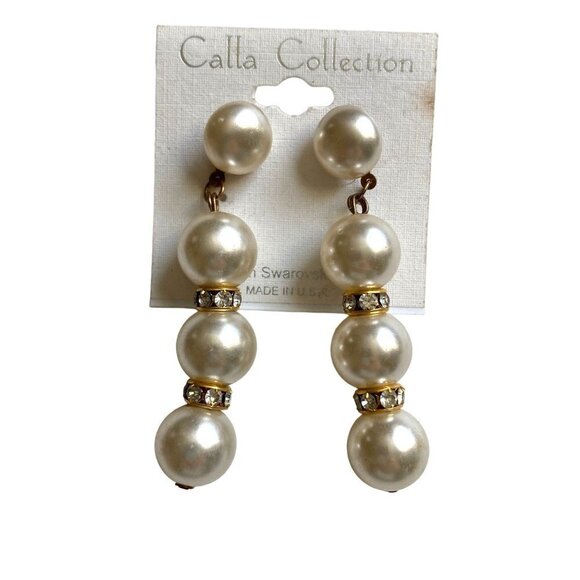 Calla Collection Imitation Pearl Swarovski Crystal Dangle Earrings 2.5 inch New - Picture 1 of 6